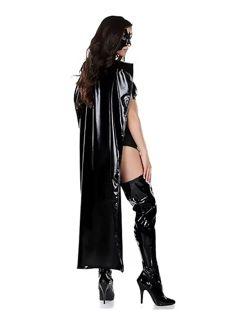 Для взрослых женщин Хэллоуин сексуальная могучая любовница супер убийца герой летучая мышь Черный Wetlook живота кожа Клубная одежда с маской для женщин