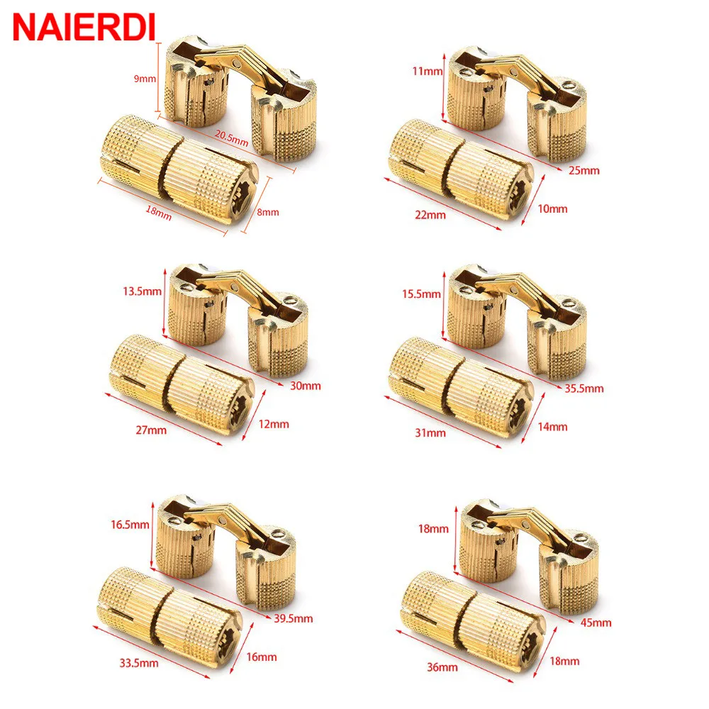 NAIERDI Copper Brass Furniture Hinges 8-18mm Cylindrical Hidden Cabinet Concealed Invisible Door Hinges For Hardware Gift Box
