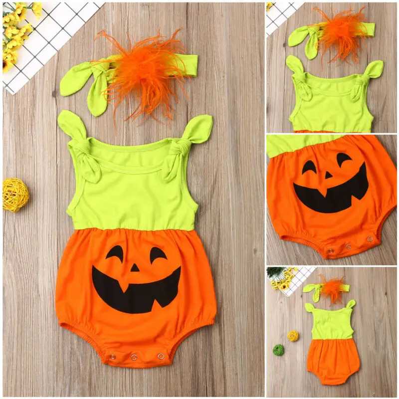0-24M Toddler Baby Girls Halloween Clothes Pumpkin Sleeveless Romper Jumpsuit+Headband Outfits 2PCS Set