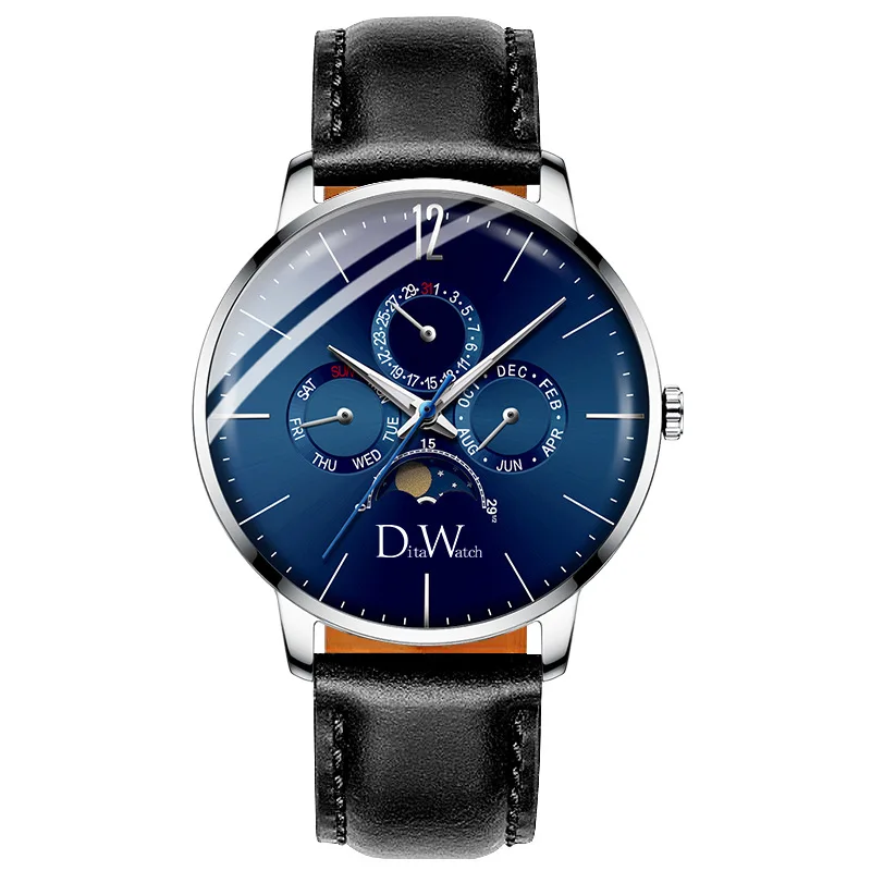 black blue(leather) DITA Брендовые Часы ультра тонкий корпус водонепроницаемый Полный календарь светящиеся руки модные роскошные кварцевые наручные часы relogio masculino - Цвет: black blue(leather)