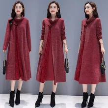Платье женское осень и зима стиль элегантное дебютантное свободное платье с высоким воротником выше колена вязаная кружевная основа юбка