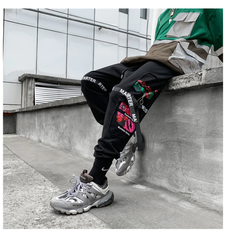 Ribbons Harem Sweat Pants Joggers Men Hip Hop Track Pants Male Fashion Streetwear Dancing Trousers Sweatpant Black WG682