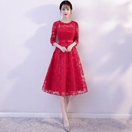 Wine red Ladybeauty/Новое поступление, короткое черное кружевное платье с вышивкой для выпускного вечера, элегантные вечерние платья длиной до середины икры для девочек - Цвет: Wine red
