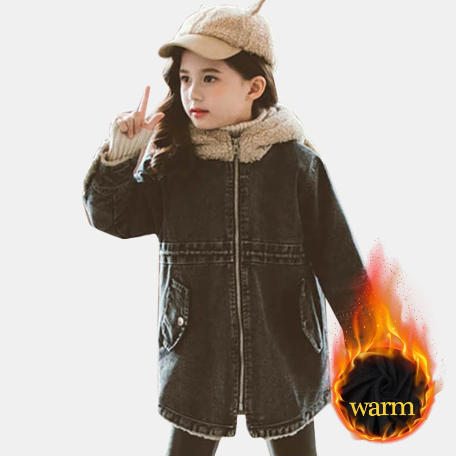 Kids Jacket Thick Plus Velvet Denim Jacket For Girls Patchwork Hooded Children's Windbreakers Fashion Girls Winter Clothes Party