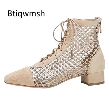

2019 Summer Black Suede Ankle Boots Women Round Toe Breathable Mesh Low Heel Boots Woman Sexy Gladiator Sandals
