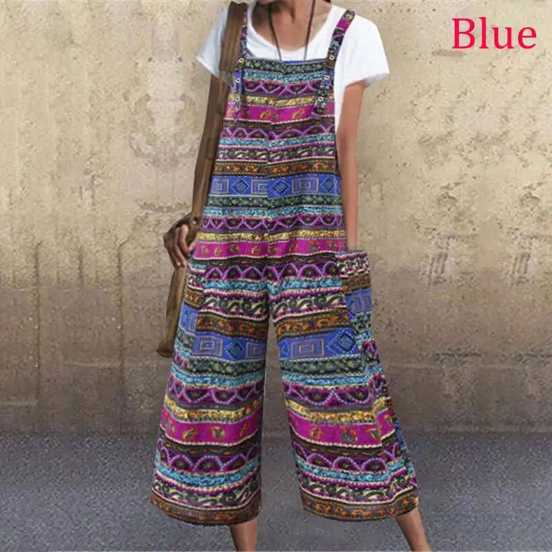 

VONDA Women Jumpsuits Casual Rompers Loose Pockets Straight Wide Leg Pants Vintage Print Overall Cotton Playsuits Plus Size 5XL