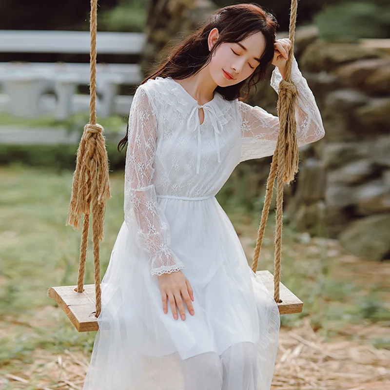

2020 Spring And Summer Retro Fresh And Sweet Solid Color Long Sleeve Lace Dress Gauze Medium-length Dress