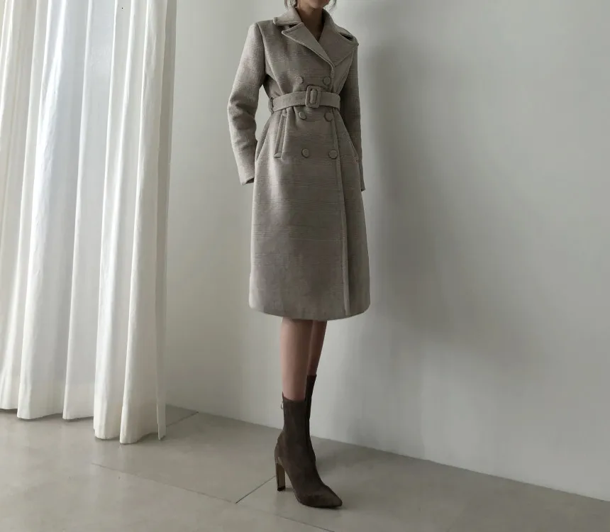 Зимнее женское пальто, новое шерстяное Casaco Feminino, Модное Длинное клетчатое пальто с поясом, офисное Женское пальто, манто Femme Hiver