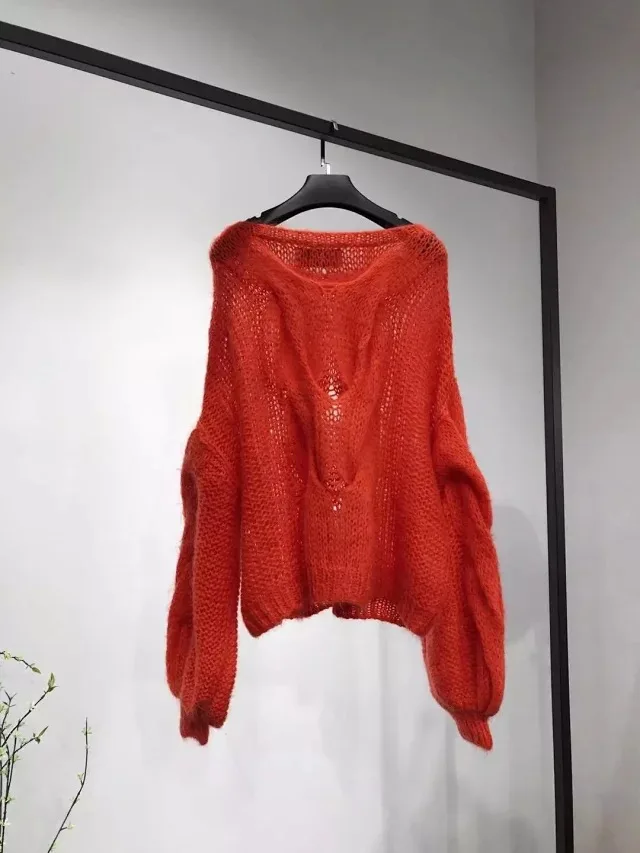 Women Sweater Autumn and Winter New Hooded Openwork Sweater Women Loose - Цвет: Красный