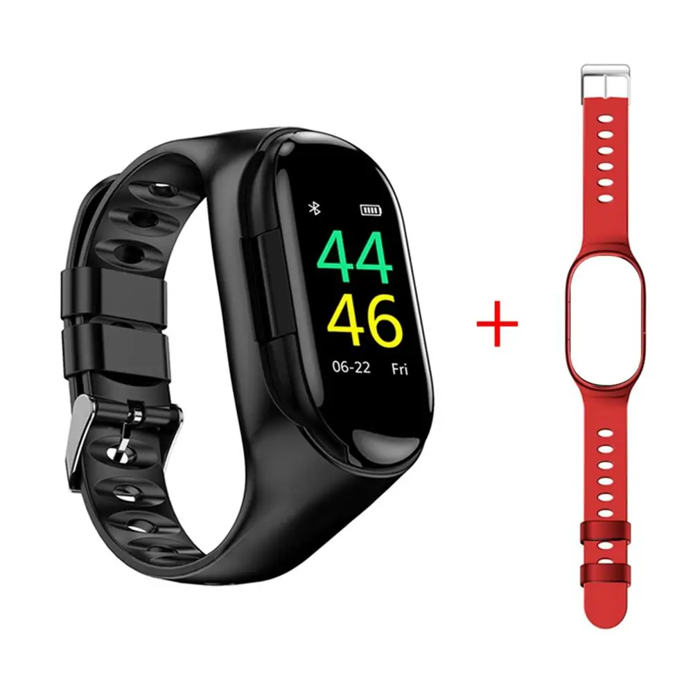 Add red strap Femperna M1 Смарт-часы с Bluetooth наушниками монитор сердечного ритма Bluetooth звонки Smartwatch для мужчин женщин Android IOS - Цвет: Add red strap