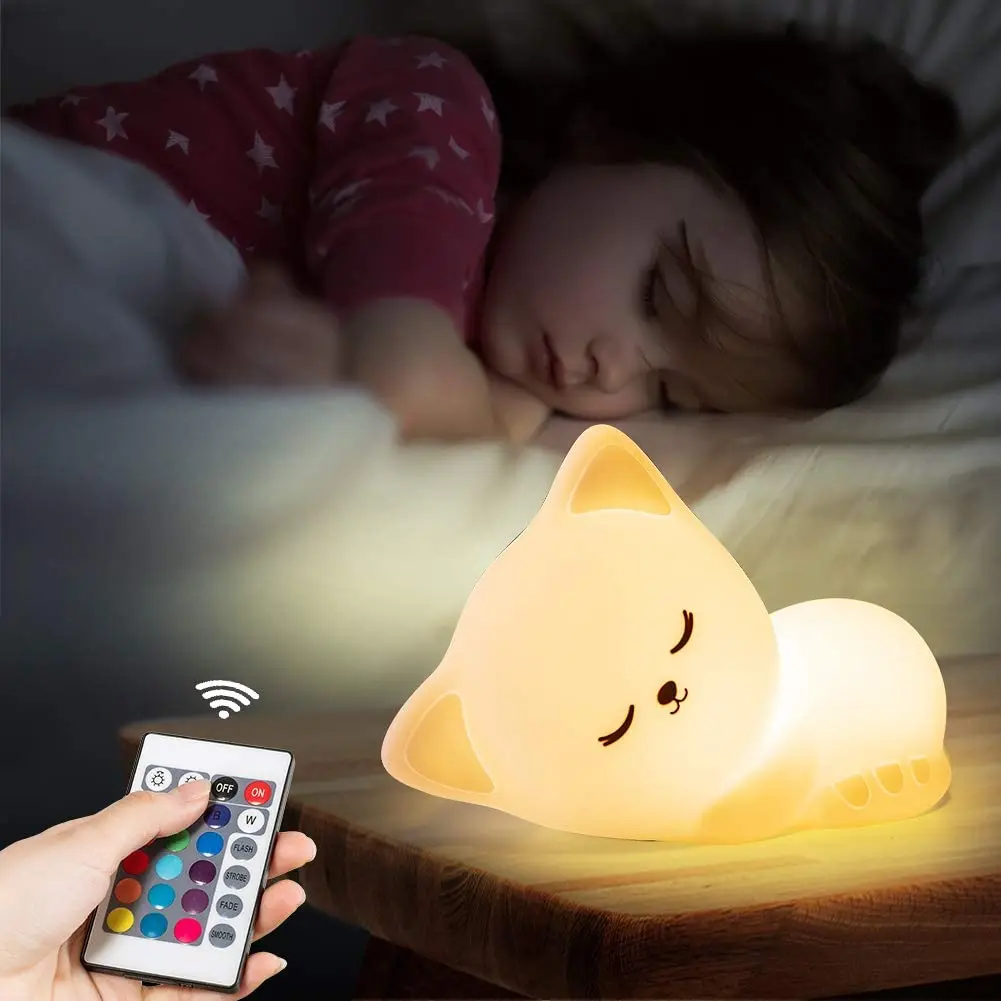 Silicone Sleeping Cat Animal Rechargeable Portable Night Lamp with Remote Control Kawaii Christmas Birthday Gifts for Kids Baby Boys Toddler Teens Cat Lover Bedroom Kitty Night Light for Girls 
