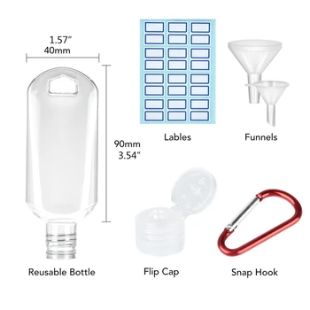 

6Pcs 50ml Travel Refillable Empty Bottles with Keychain Spray Nozzles Funnel Brush Labels Set Squeezable Hand Sanitizer Shampoo