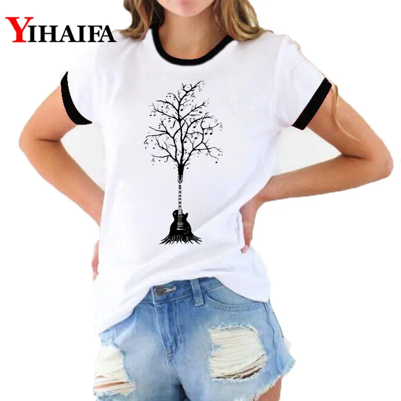 

3D T Shirts Women Guitar Tree Print Tees Ulzzang Graphic Tee Summer Hip Hop Short Sleeve Female White Casual Ropa Mujer Tops