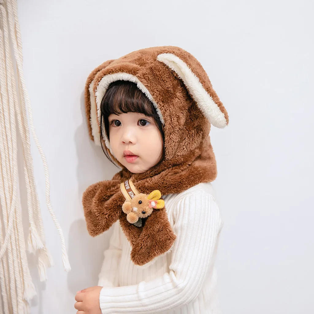 rabbit shape hairy ears Bear decoration Thermal Foxes hat kids Baby Hat Knit Hat Scarf Set Children Cartoon Cute Hat#x21024