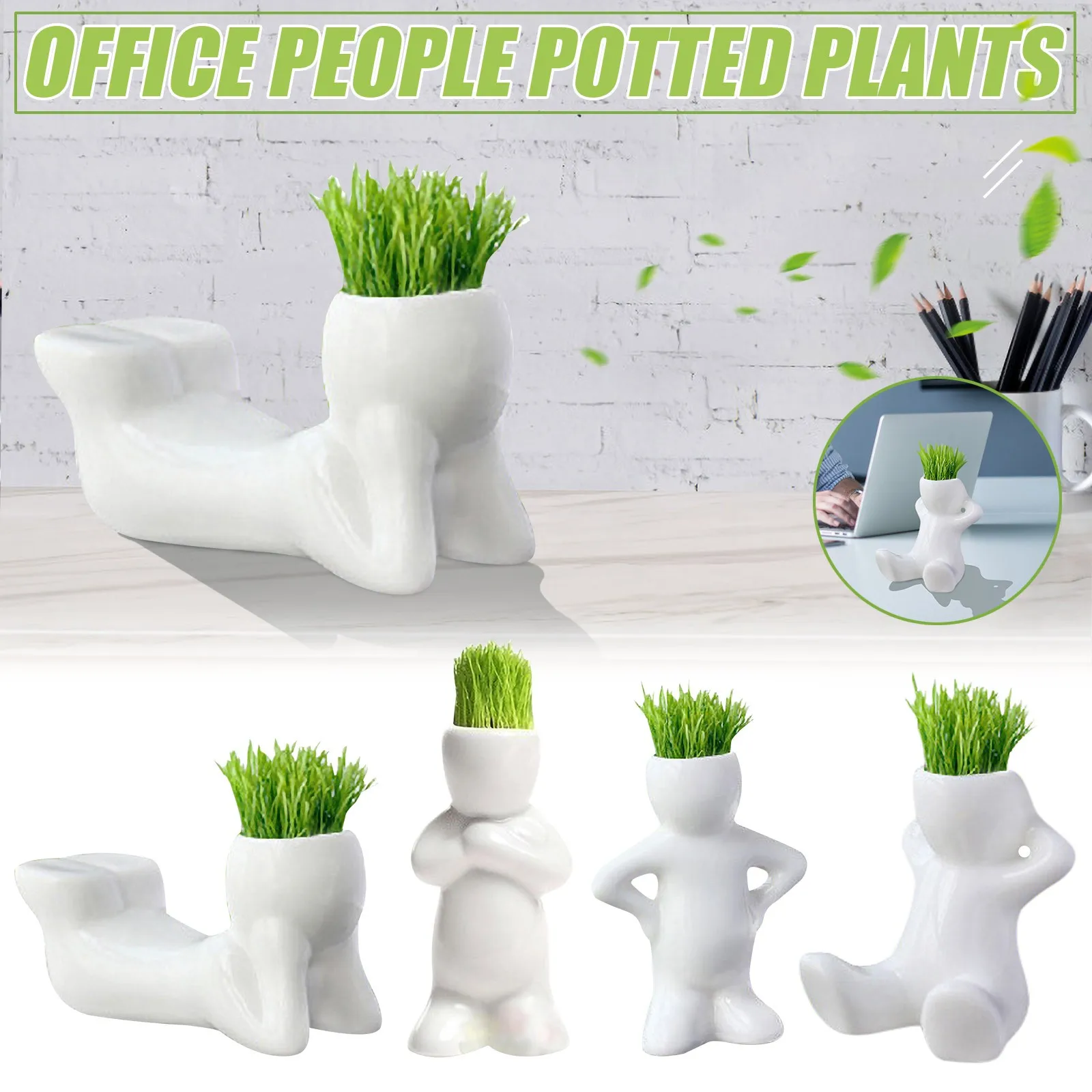 Mini Bonsai Head Grass Hair White Ceramic Plant Garden Tree Doll Pot decoration cute potted plants DIY Hot Sale | Дом и сад