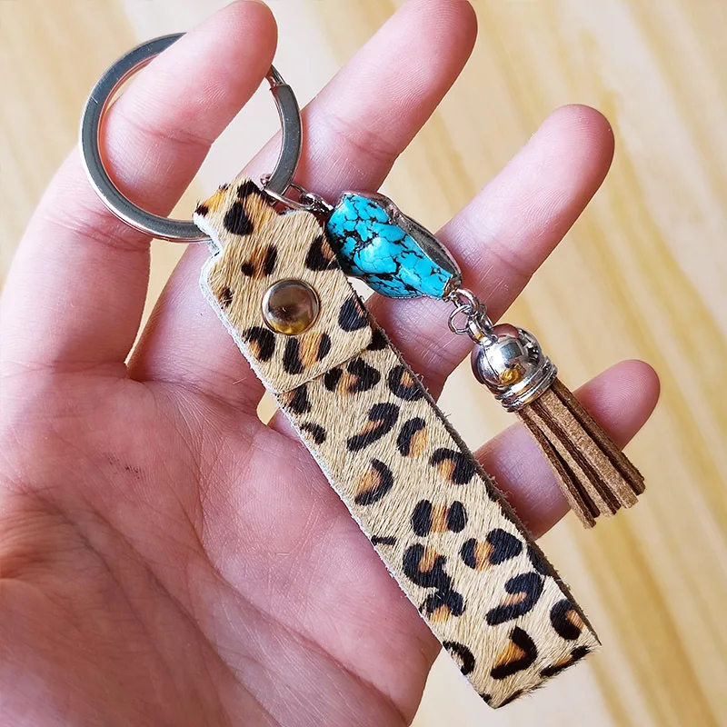 Turquoise Beaded Leopard Genuine Leather Tassel Keychain Accessories Key Ring