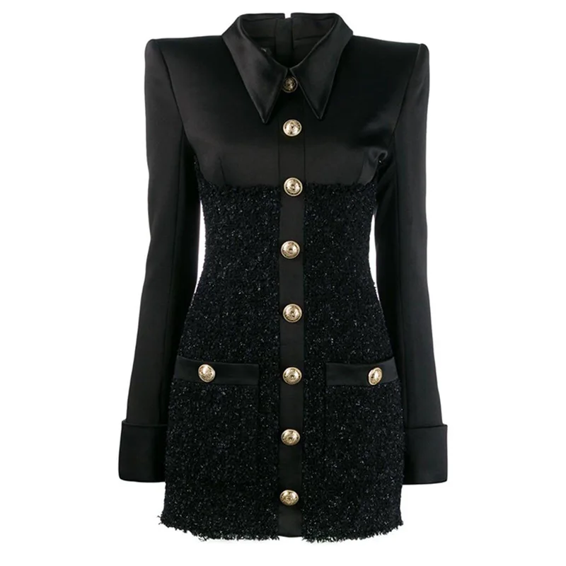 

High Quality 2020 New Arrival Spring Autumn Slim Bodycon Patchwork Satin Tweed Mini Dress Women Black Ladies Long Sleeve Dresses