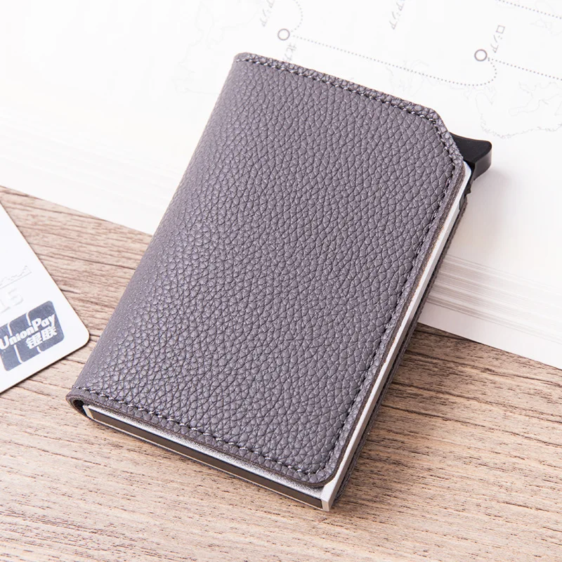 RFID всплывающий держатель для карт, алюминиевая коробка, Litchi, мягкий кожаный чехол для карт, защита информации, безопасность, клатч, Повседневный Кошелек