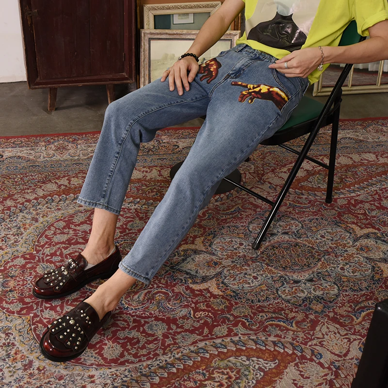 Джинсы с оригинальным дизайном для влюбленных ручным принтом девять минут