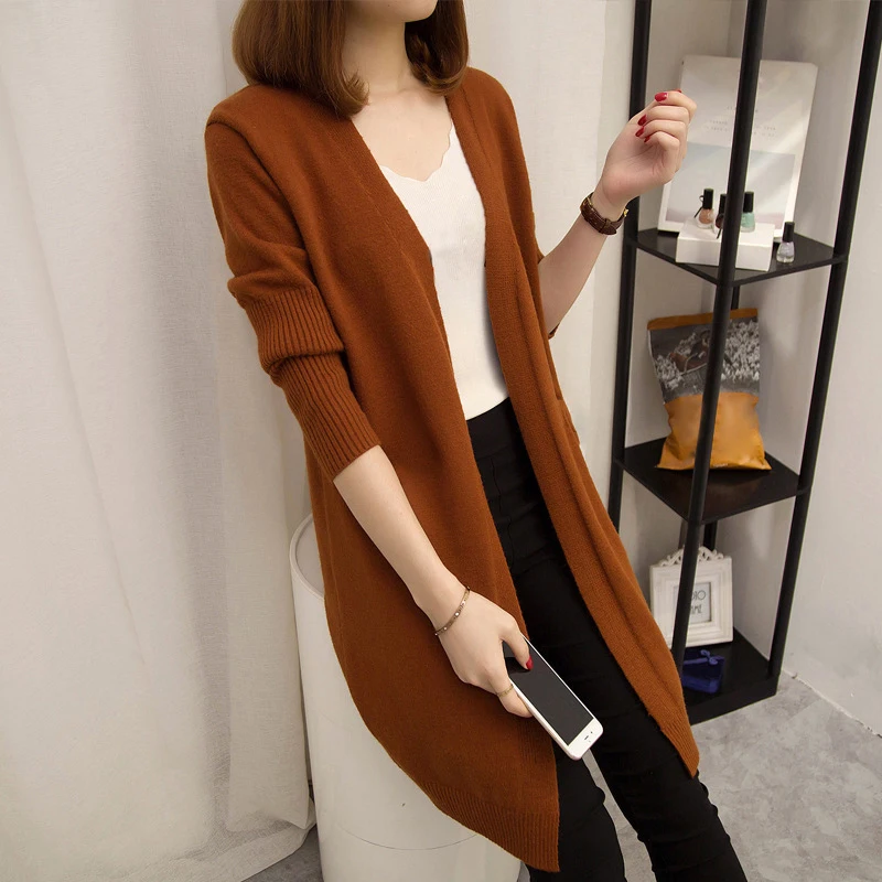

2019 Autumn Winter Women Sweaters Solid Elastic Long Sleeve Knitted Pocket Long Cardigans Casual Loose Sweaters Plus Size