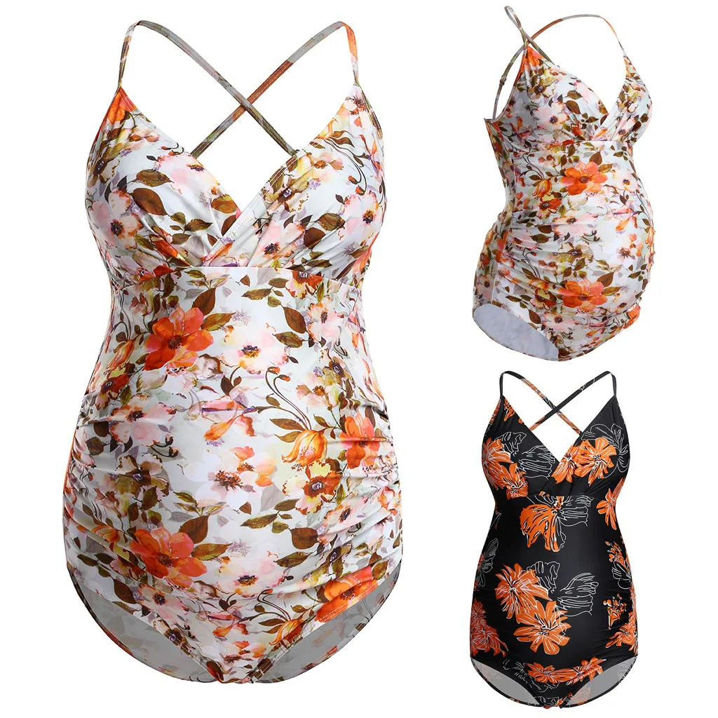 TELOTUNY Women Maternity Pregnant Printing Swimsuit Floral Backless