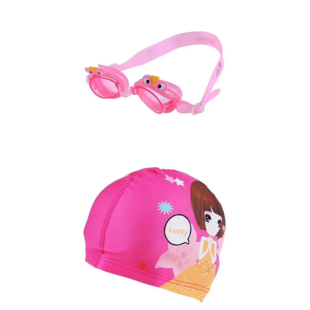 Anti-Fog Swimming Goggles age 4-12 + Cute Swim Cap + Ear Plugs for Kids Girls Boys Adjustable Strap Swim Glasses