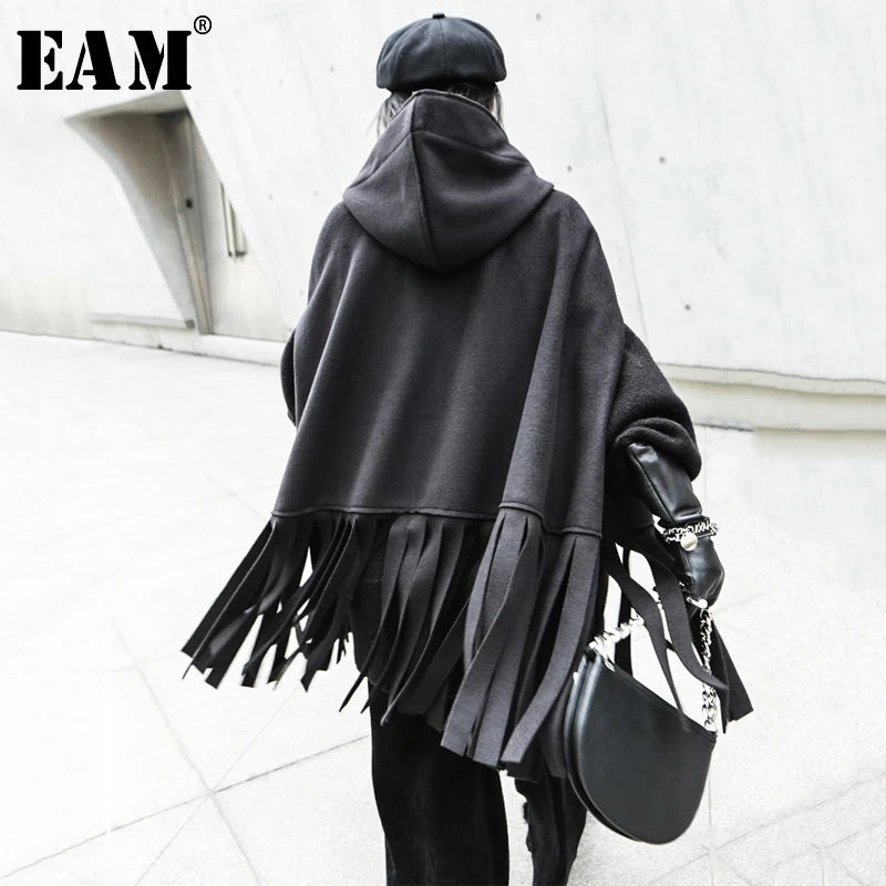 [EAM] свободное черное шерстяное пальто с кисточками большого размера, парки, новинка, длинный рукав, женская мода, Осень-зима 1N333