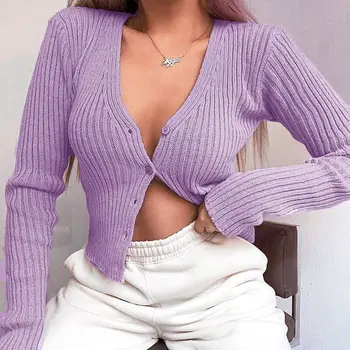 

Sexy V-neck Purple Knitted Women Cardigan 2020 Autumn Slim Single Breasted Long Sleeve Sweater Fashion Thin Casual Cropped Tops