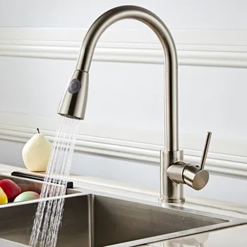 

Brushed Nickel Mixer Faucet Single Hole Pull Out Spout Kitchen Sink Mixer Tap with Stream Sprayer Head Kitchen Tap Water Taps