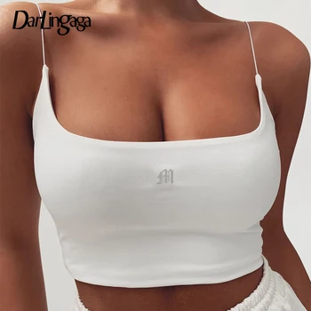 

Darlingaga Fashion Bodycon Crop Top Women Letter Embroidery Strap Sexy Tops Camis Sleeveless Slim Summer Top Short Camisole 2020