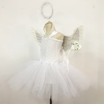 

Halloween Cosplay Angel Set Girls Tutu Wing Skirt Halo Headband Wand Magic Stick Girl's Wedding Birthday Party Costume