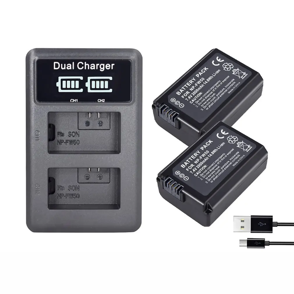 2 batteries charger 2000 мАч NP-FW50 NP FW50 батарея для камеры+ ЖК USB двойное зарядное устройство для sony Alpha a6500 a6300 a6000 a5000 a3000 - Цвет: 2 batteries charger