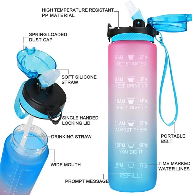 1L Tritan Material Water Bottle With Bounce Cover Time Scale Reminder  Frosted Leakproof Cup For Outdoor Sports Fitness 