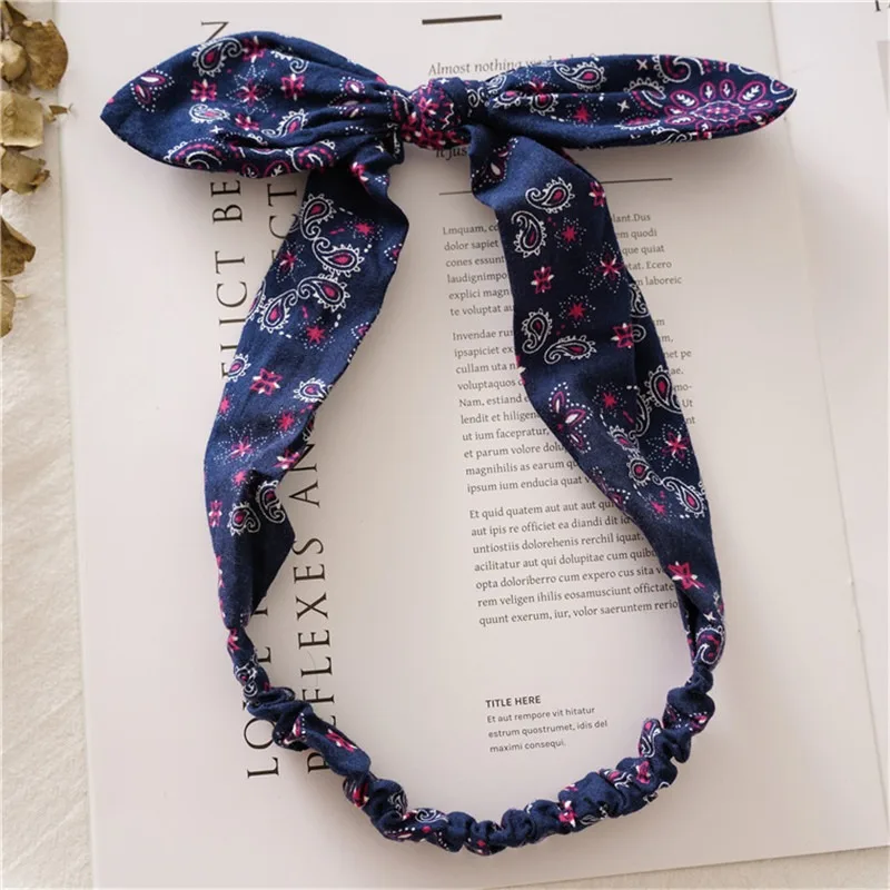 Navy blue Женские цветные винтажные ободки с кроличьими ушками, модная повязка на голову с бантом для девочек, тюрбан с узлом, повязка на голову, аксессуары для волос для девочек - Цвет: Navy blue