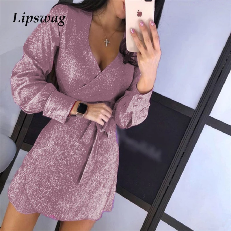 Сексуальное платье с v-образным воротом Блеск Bodycon Вечерние Платье Для женщин