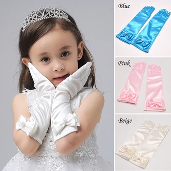

Long Stretch Elvow Satin Gloves For Flower Girl Children Party Cute Girls Kids Finger White Pearl Bow Gloves Accessories