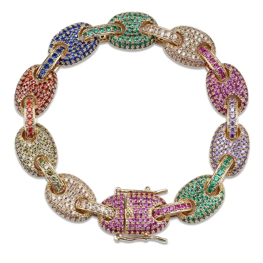 

Europe And America Cool Hot Selling Color Zircon Solid Bracelets Gold Plating Hip Hop Micro Pave Cool Button Pendant Bracelet