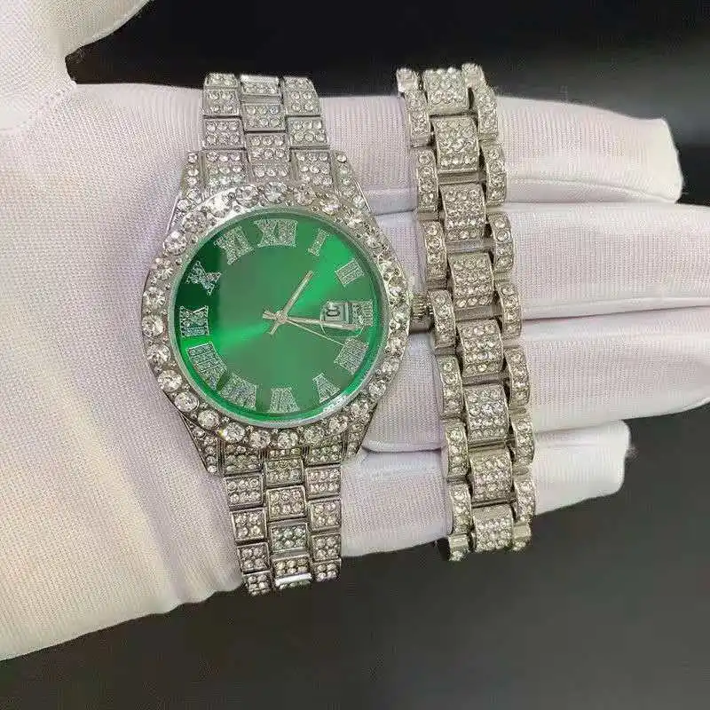 Luxury Watch for Men Iced Out Watch Bracelet Cuban Chain Rhinestone Red Dial Mens Watch Set Jewelry Set Clock Religio Masculino