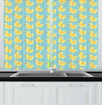 

Multicolor Duckies Kitchen Curtains Abstract Cartoon Style Blue Eyed Rubber Ducks Dotted Background for Kitchen Cafe Decor