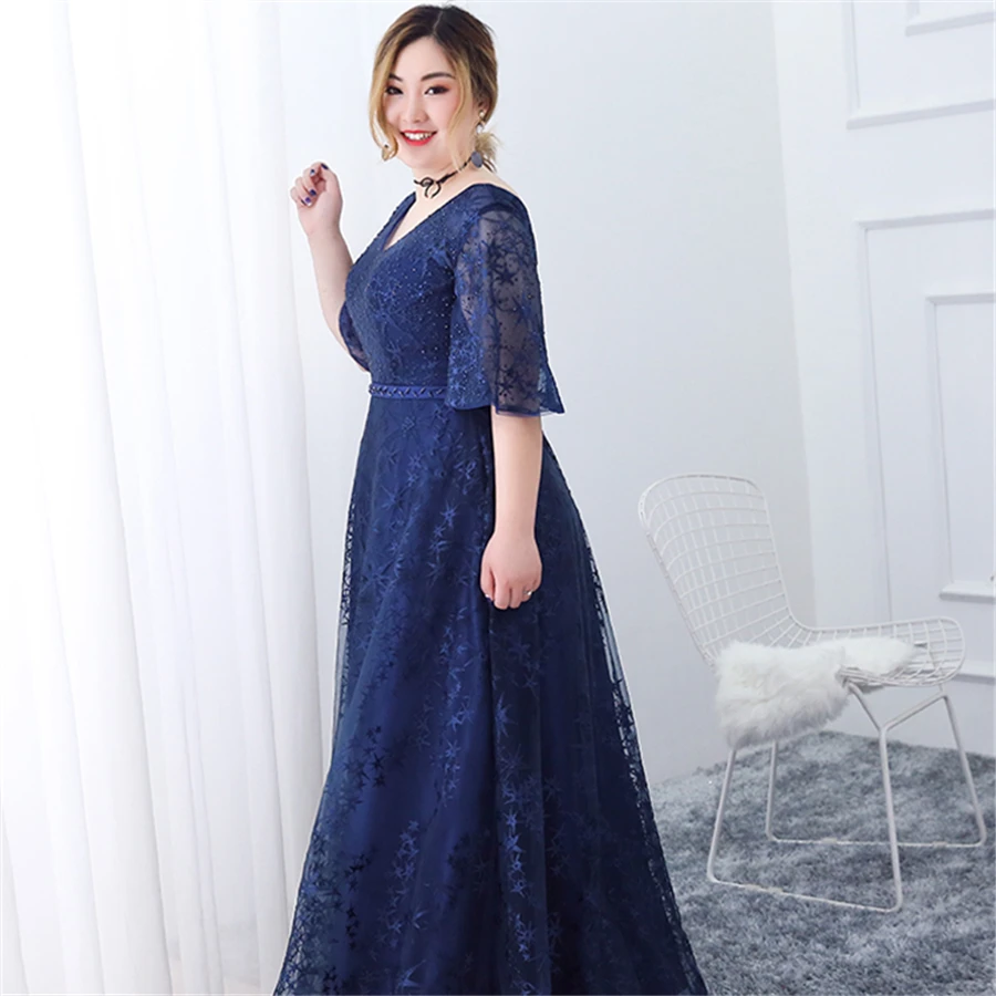Вечернее платье с v-образным вырезом, Вышитое кристаллами, Robe De Soiree размера плюс, темно-синие женские вечерние платья, вечернее платье с рукавом до локтя T218