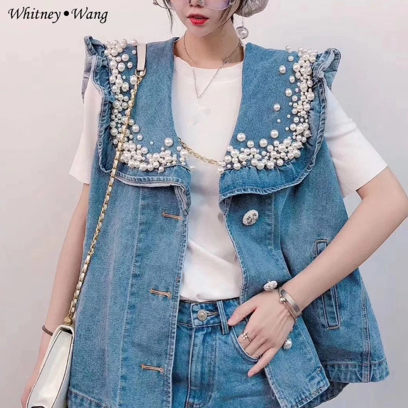 WHITNEY WANG 2020 Spring Fashion Streetwear Handmade Pearls Beading Ruffled Denim Vest Women Stylish Oversize Jean Coat | Женская одежда