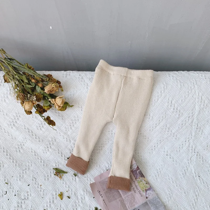 Осенне-зимние эластичные вязаные шерстяные леггинсы для мальчиков и девочек Детские теплые обтягивающие штаны с флисовой подкладкой
