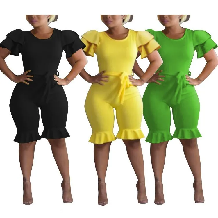 Women Bodycon Ruffle Jumpsuit Sexy O Neck Solid Sashes Shorts Romper Skinny Elastic Jumpsuit Overalls
