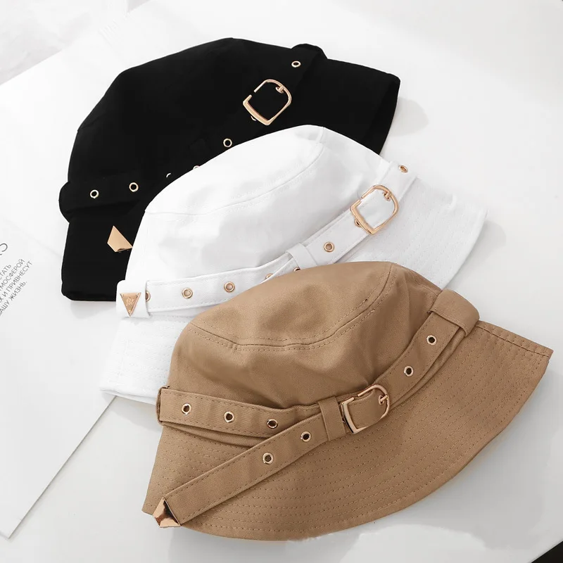 Girls Gold Buckle Belt White Bucket Hat 2020 New Cool Sun Protective Hat Women Black Camel Cotton Twill Fisherman Hat