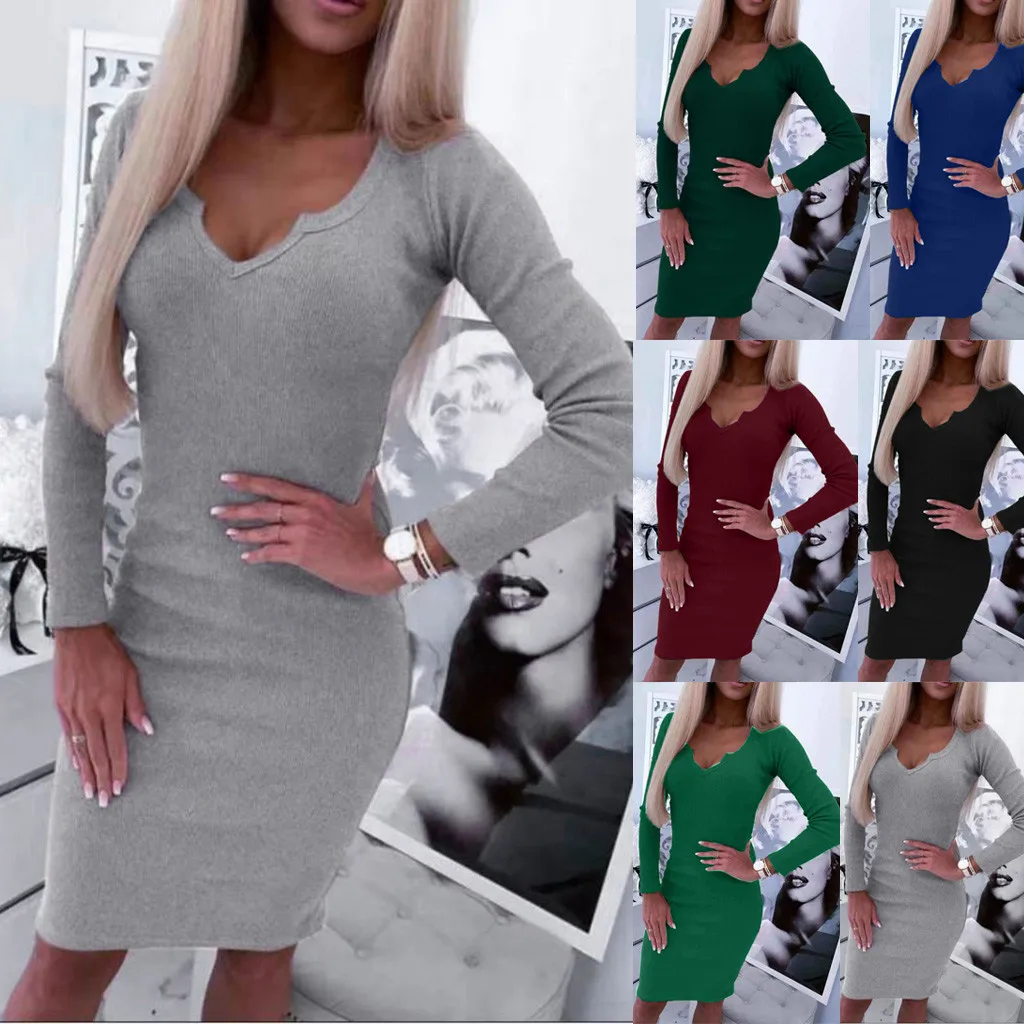 Женское платье Vestido с длинным рукавом тонкое облегающее платье туника с v-образным вырезом Повседневное платье карандаш Новое поступление размера плюс S-2xl# J30