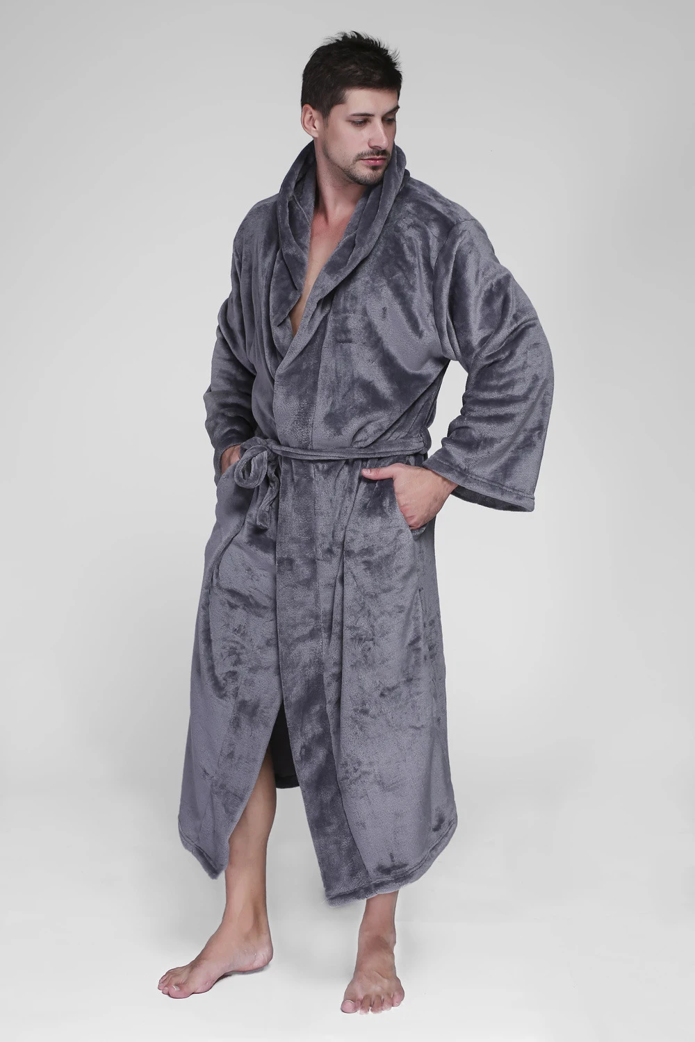 Мужской удлиненный теплый Халат с капюшоном плюс размер Зимний фланель утолщенный теплый банный халат-кимоно мужской Халат мужские халаты - Цвет: Grey