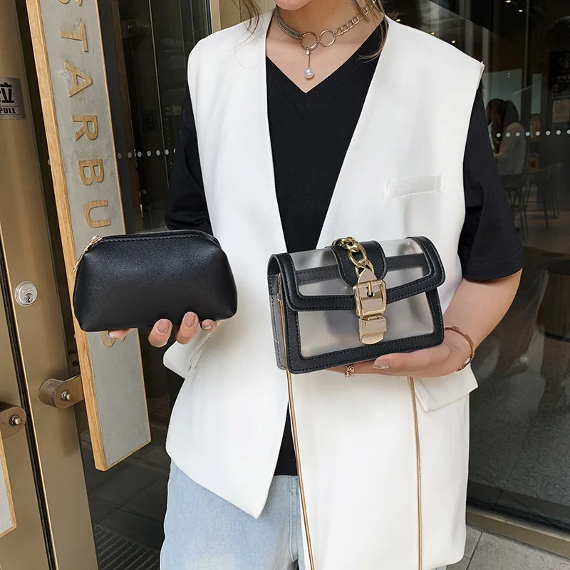 

Summer on the new chain bag woman 2019 new transparent two-piece set with one shoulder and one shoulder slanting small square