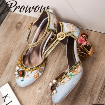 

Prowow New Velvet Metal Studded Floral Established Spring Summer Wedding Pumps Buckle Strap Caged Heel HIgh Heel Pumps Shoes
