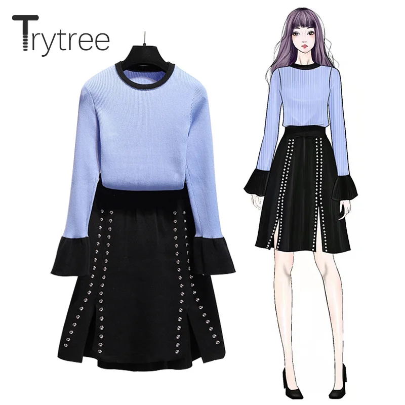 Trytree осенне-зимний комплект из двух предметов, повседневный Вязаный топ с расклешенными рукавами+ юбка с заклепками, разрезной подол, мини-комплект для офисной леди, комплект из 2 предметов