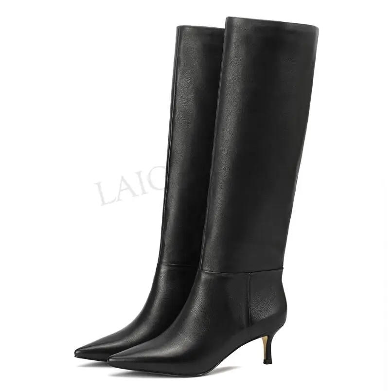LGZ828 Leather LAIGZEM женские сапоги до колена наивысшего качества г. Зимние сапоги из кожи и замши с боковой молнией на каблуке «рюмочка» Botines Mujer, размер 34 39 - Цвет: LGZ828 Leather